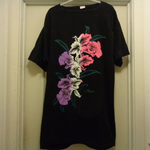 COCONUT GIRL MAUI HAWAIIAN FLORALS TEE SHIRT DRESS BY FULL STOP FREE SIZE - Picture 1 of 6